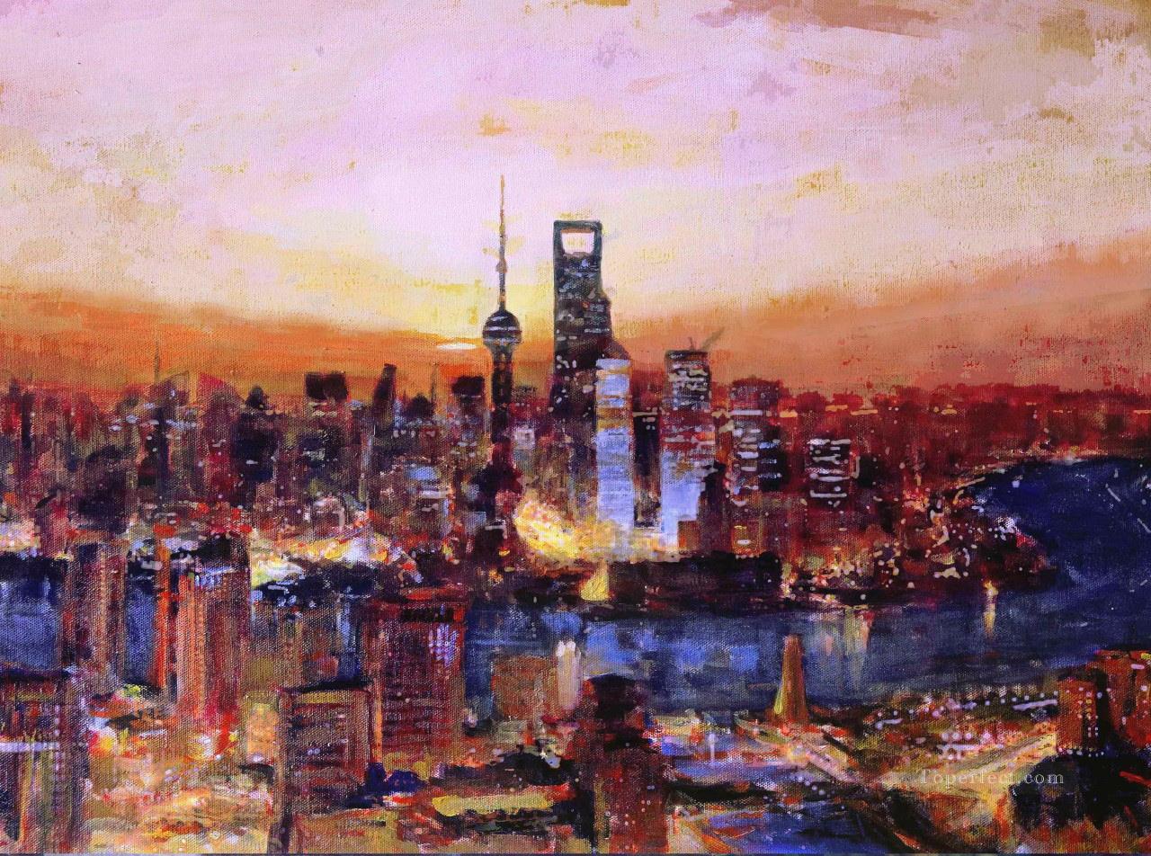 上海の日の出 中国の風景油絵
